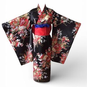 Japanese Anime Lolita Cherry Sakura Flower Printing Kimono Costume Size Large